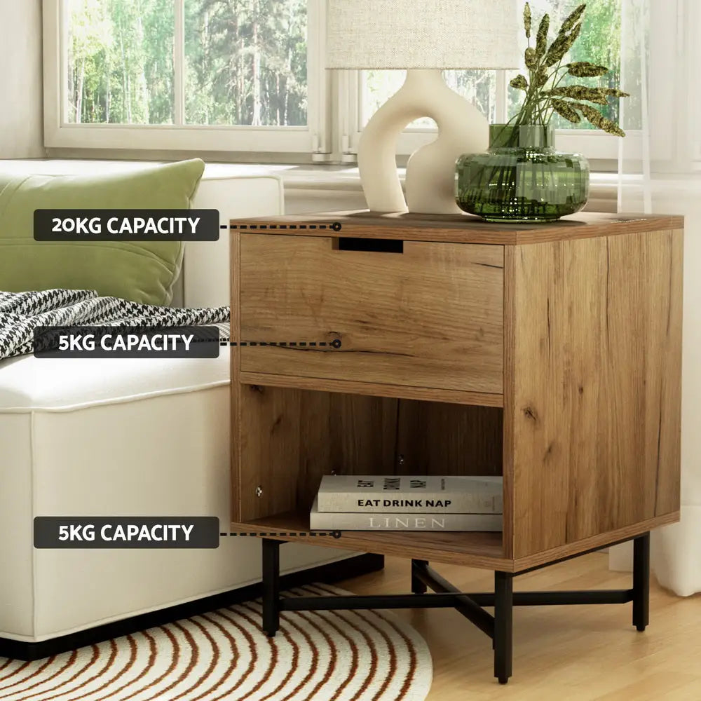 Bedside Table Drawers Side Shelf Storage Nightstand Rust Oak Kravu