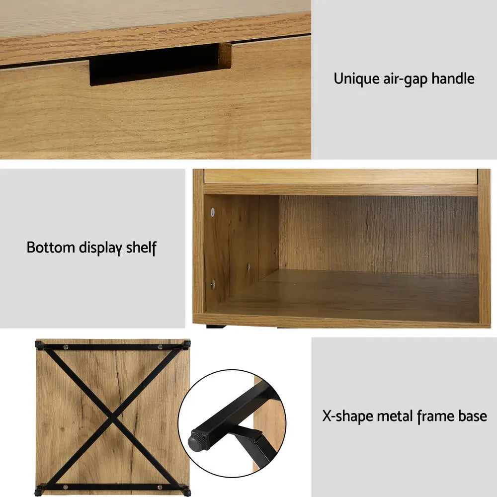 Bedside Table Drawers Side Shelf Storage Nightstand Rust Oak Kravu
