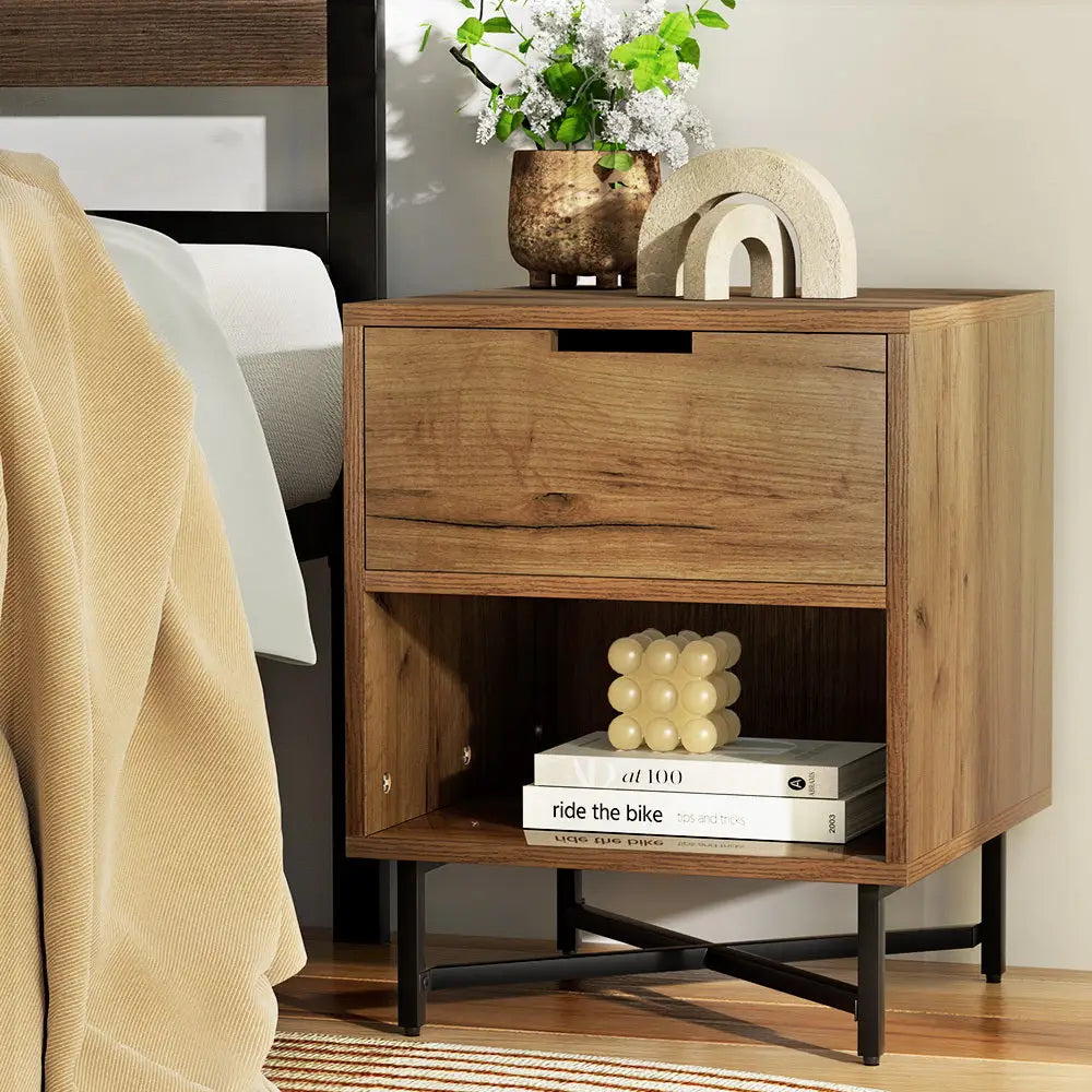 Bedside Table Drawers Side Shelf Storage Nightstand Rust Oak Kravu