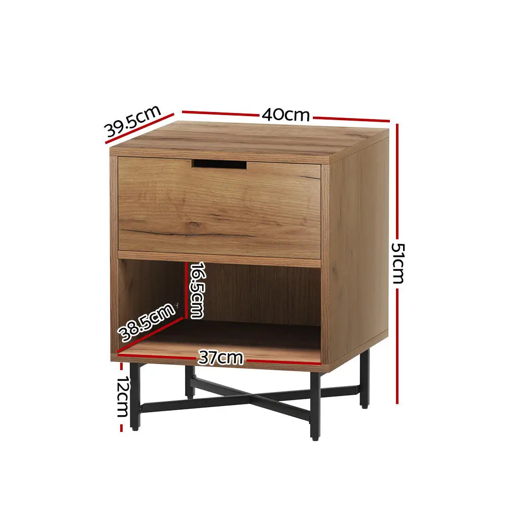 Bedside Table Drawers Side Shelf Storage Nightstand Rust Oak Kravu