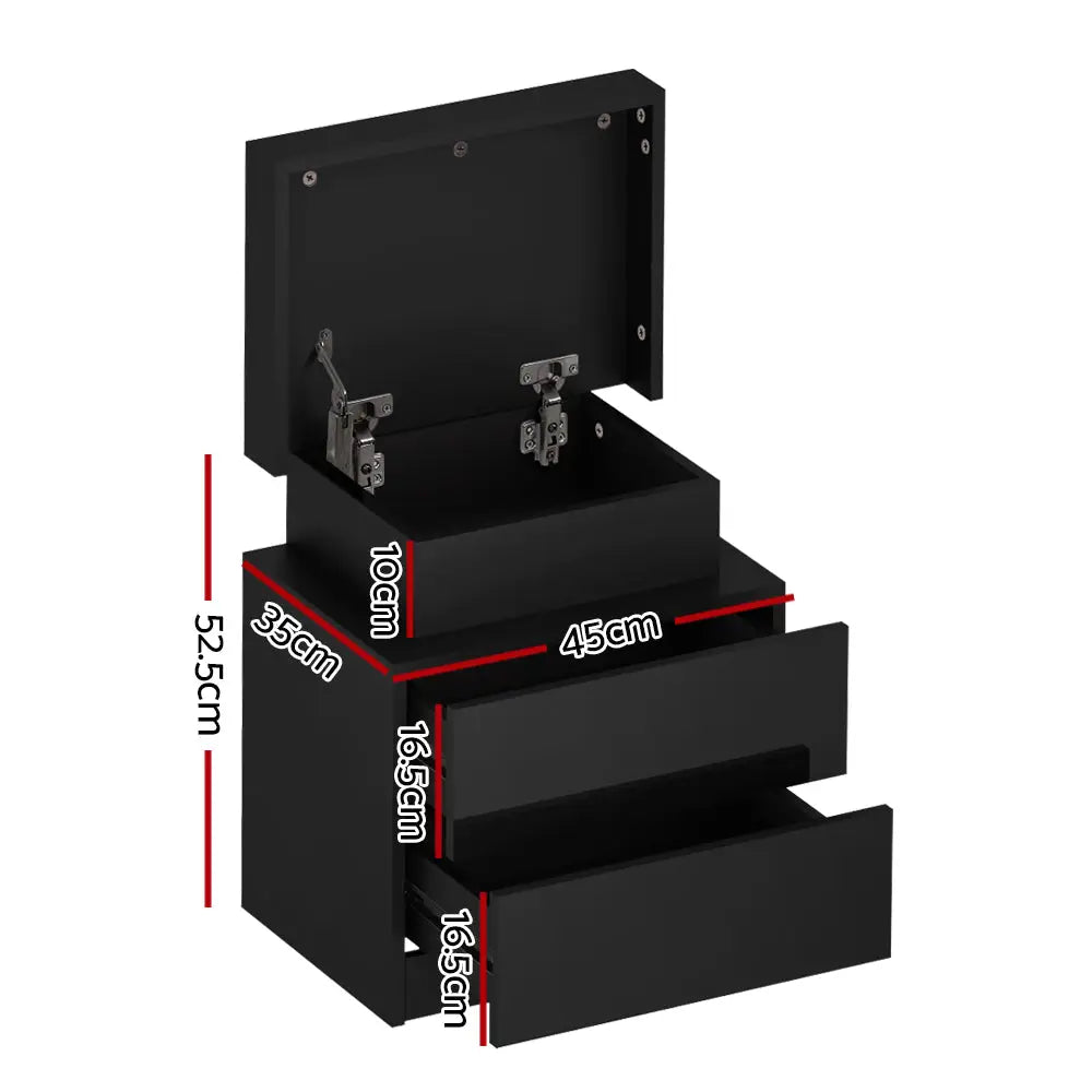 Bedside Table Led 2 Drawers Lift-up Storage - Coley Black