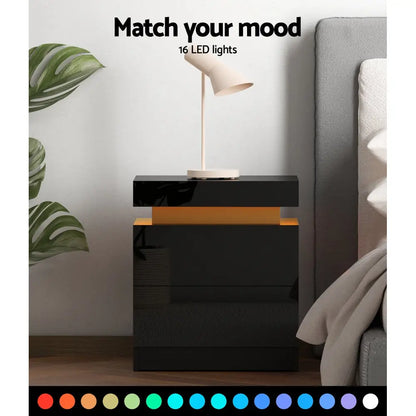 Bedside Table Led 2 Drawers Lift-up Storage - Coley Black