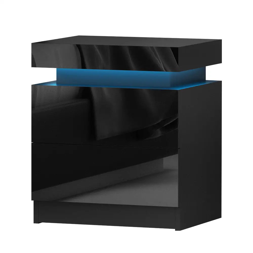 Bedside Table Led 2 Drawers Lift-up Storage - Coley Black