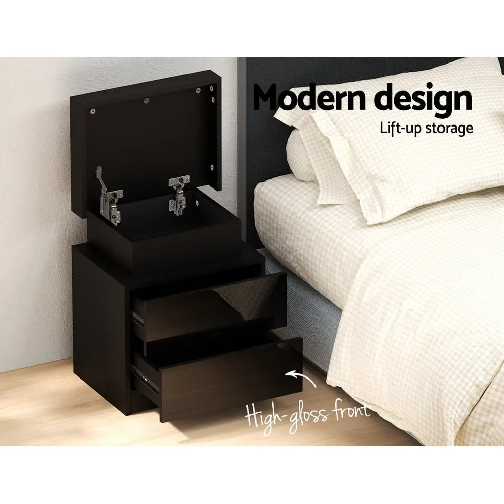 Bedside Table Led 2 Drawers Lift-up Storage - Coley Black