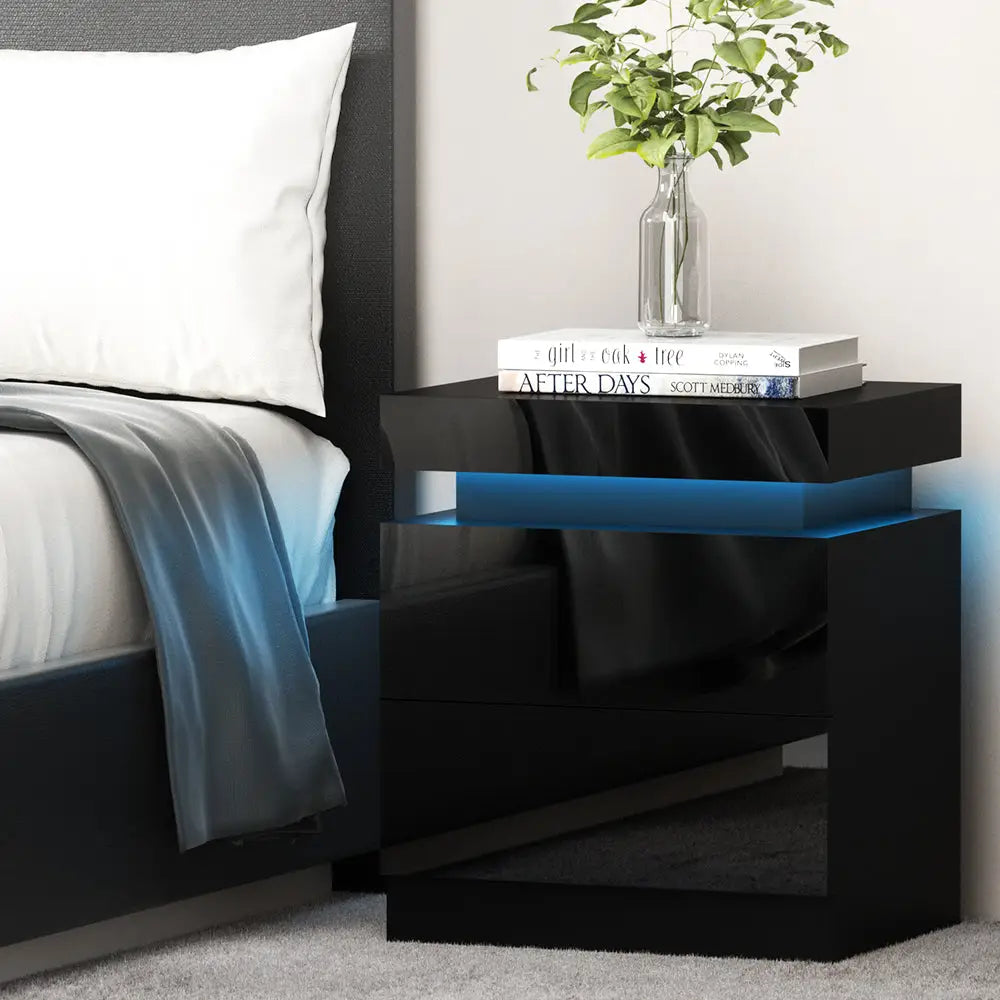Bedside Table Led 2 Drawers Lift-up Storage - Coley Black