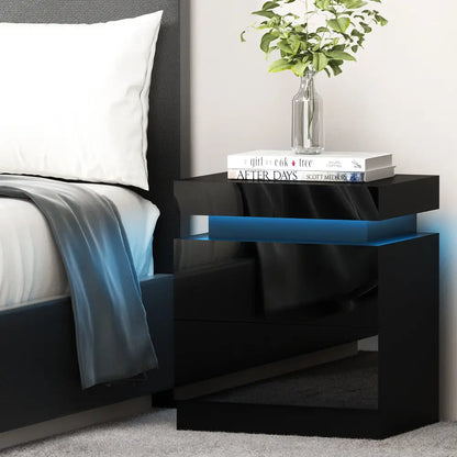 Bedside Table Led 2 Drawers Lift-up Storage - Coley Black