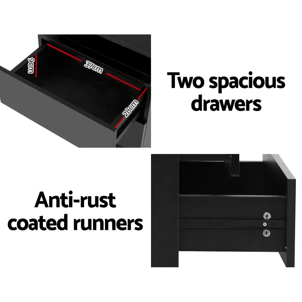 Bedside Table Led 2 Drawers Lift-up Storage - Coley Black
