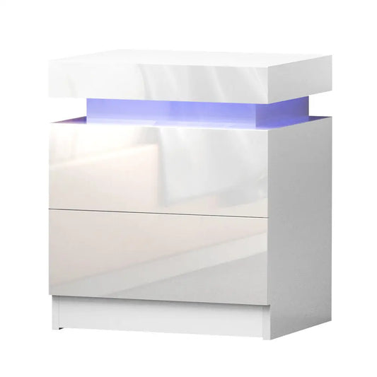 Bedside Table Led 2 Drawers Lift-up Storage - Coley White