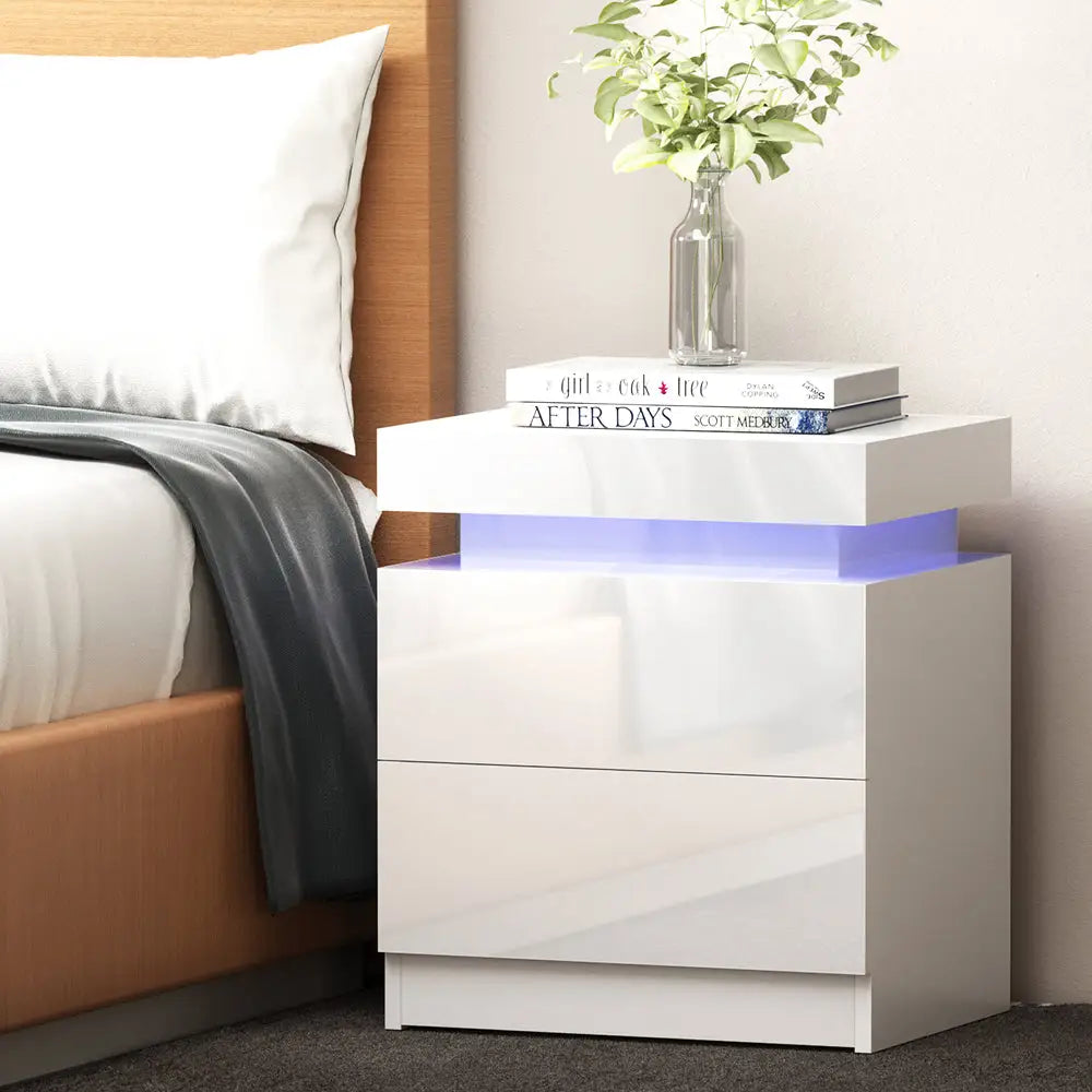 Bedside Table Led 2 Drawers Lift-up Storage - Coley White