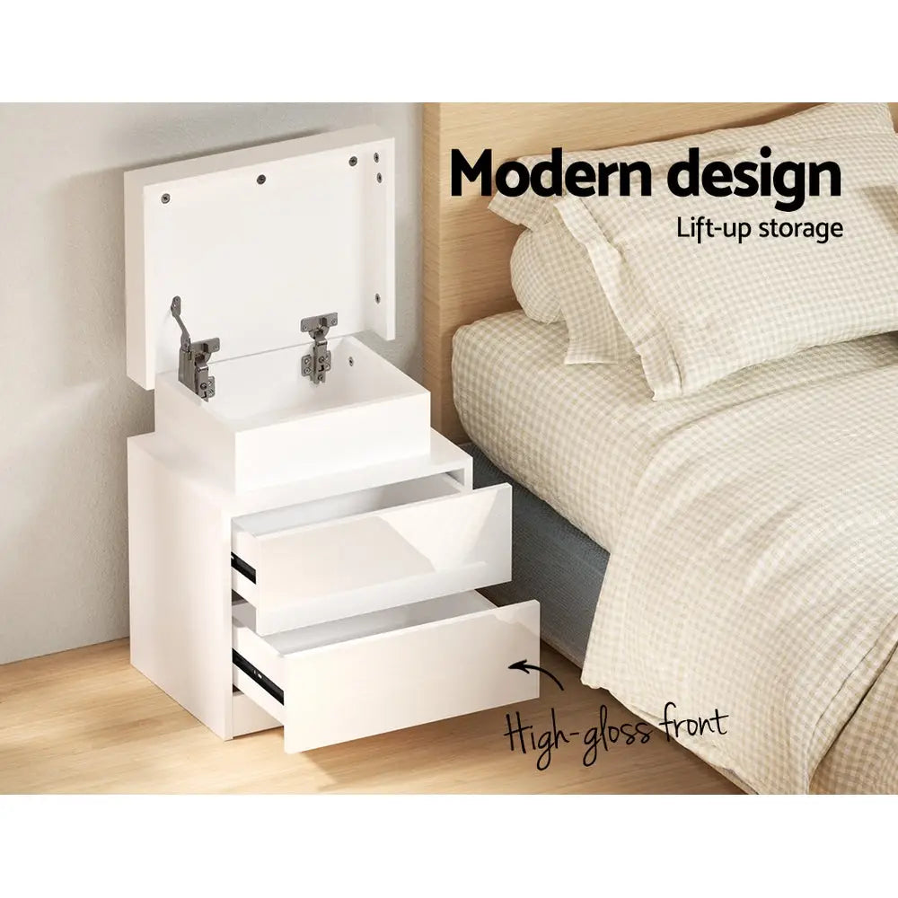 Bedside Table Led 2 Drawers Lift-up Storage - Coley White