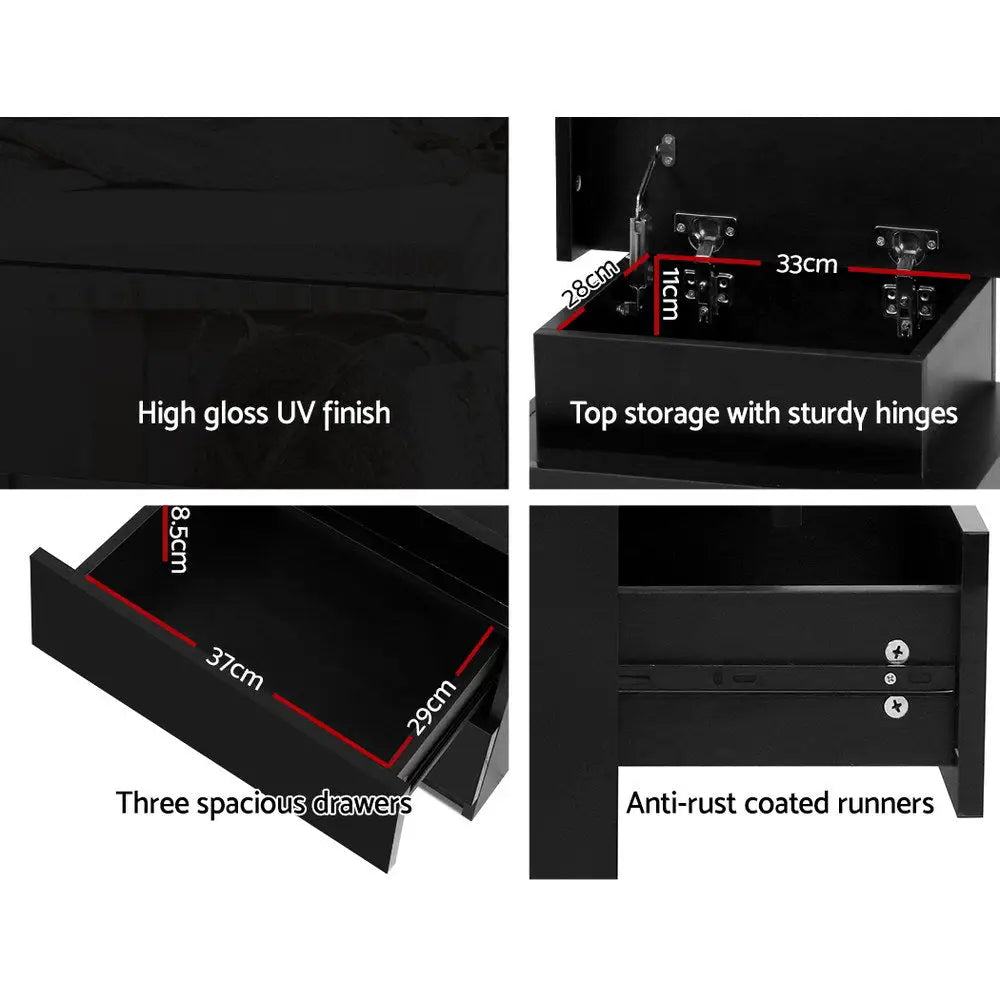 Bedside Table Led 3 Drawers - Coley Black