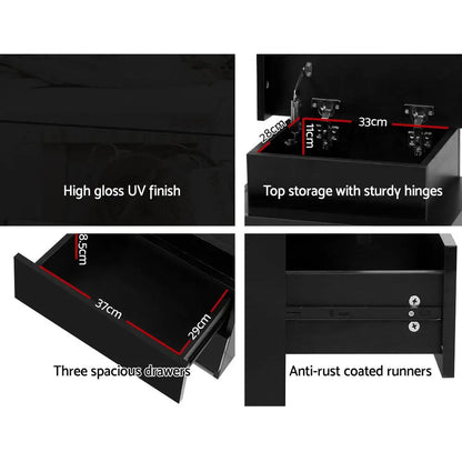 Bedside Table Led 3 Drawers - Coley Black