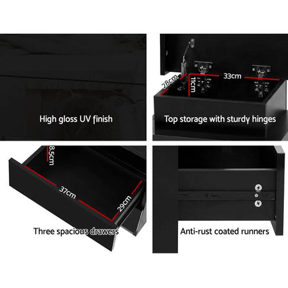 Bedside Table Led 3 Drawers - Coley Black