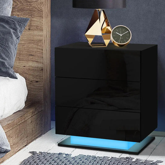 Bedside Table Led 3 Drawers - Mori Black