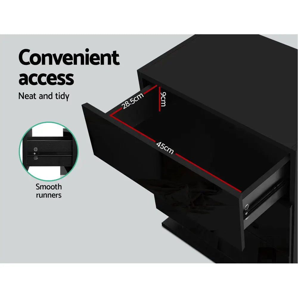 Bedside Table Led 3 Drawers - Mori Black