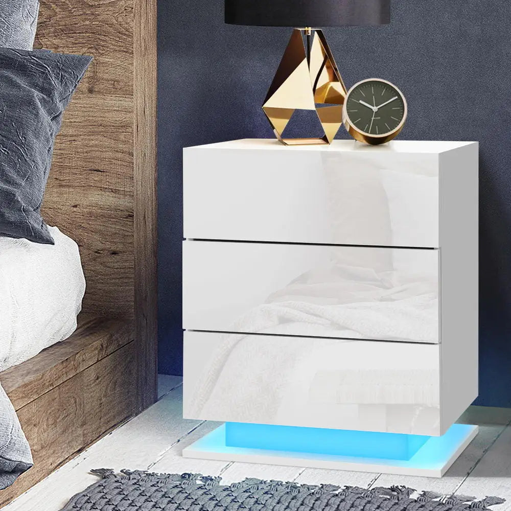 Bedside Table Led 3 Drawers - Mori White
