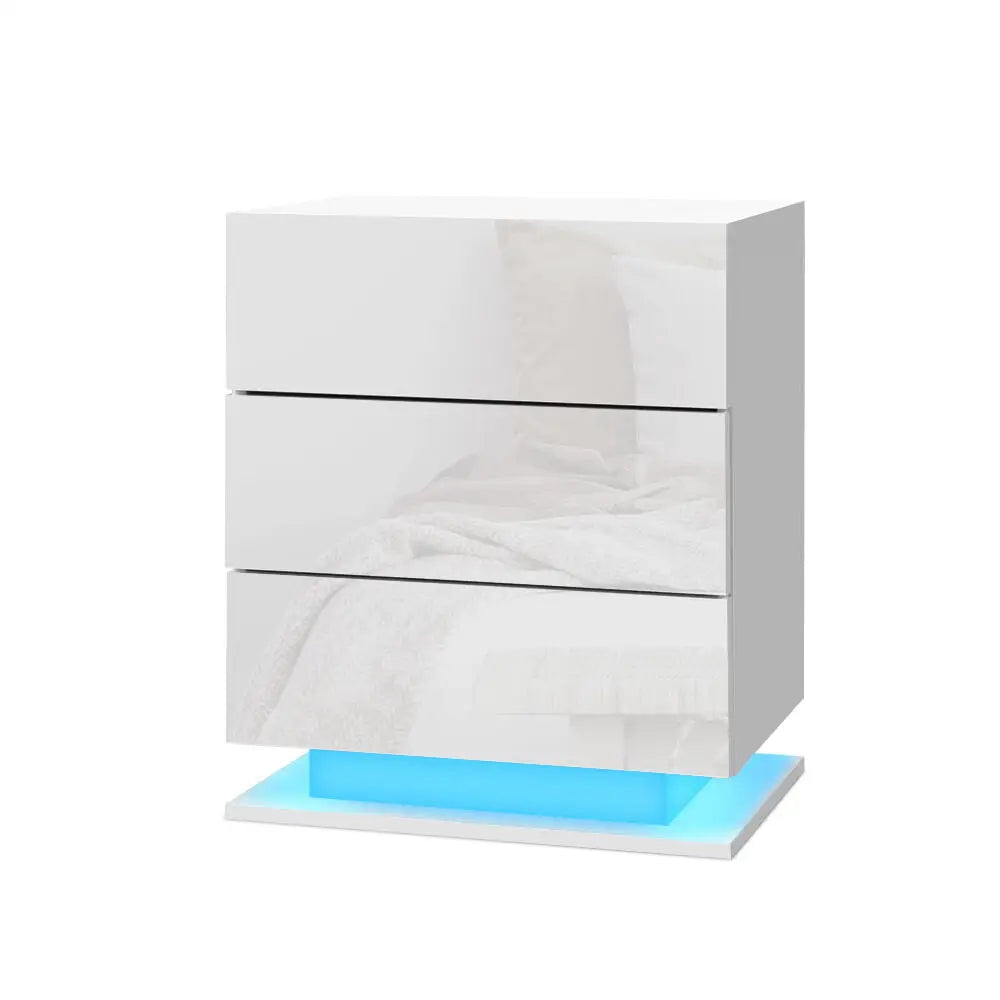 Bedside Table Led 3 Drawers - Mori White