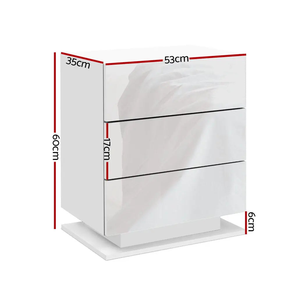 Bedside Table Led 3 Drawers - Mori White