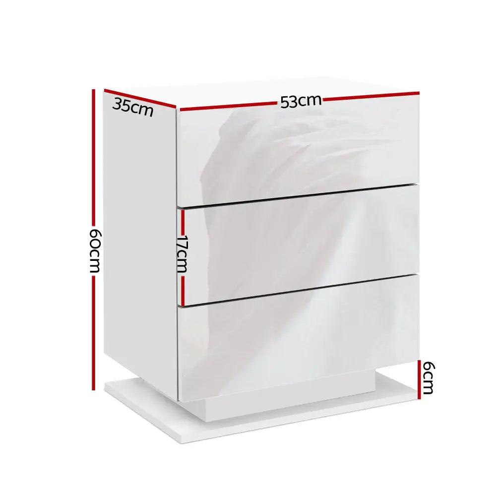 Bedside Table Led 3 Drawers - Mori White