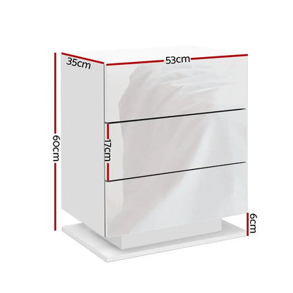 Bedside Table Led 3 Drawers - Mori White