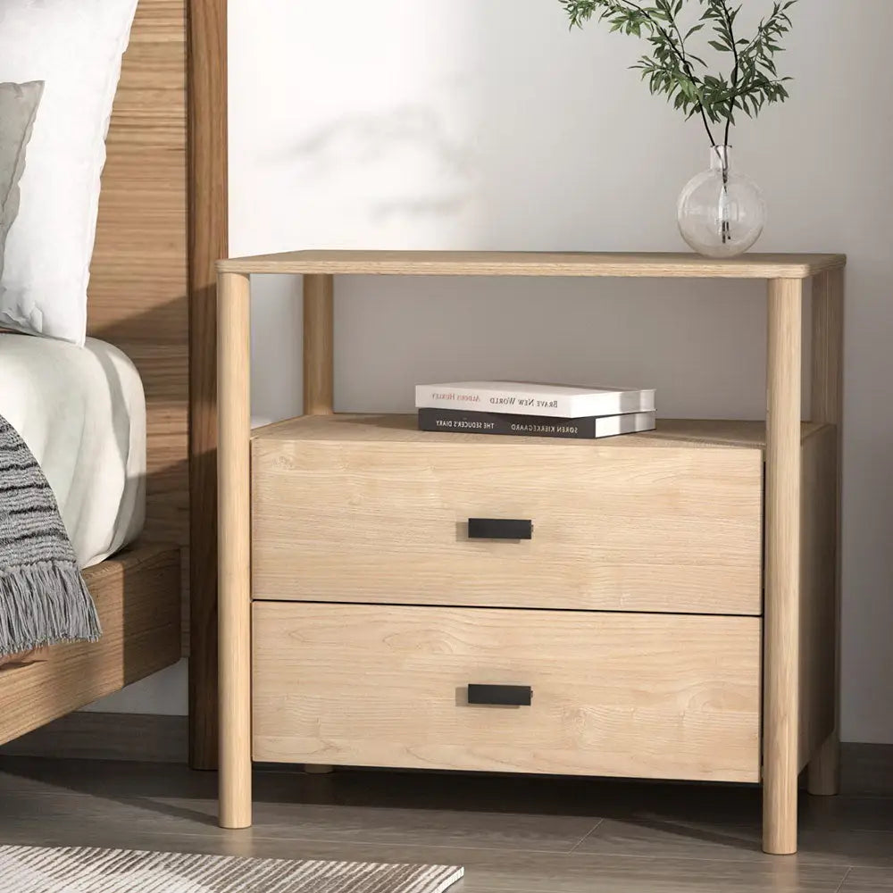 Bedside Table Nightstand 2 Drawers - Pine