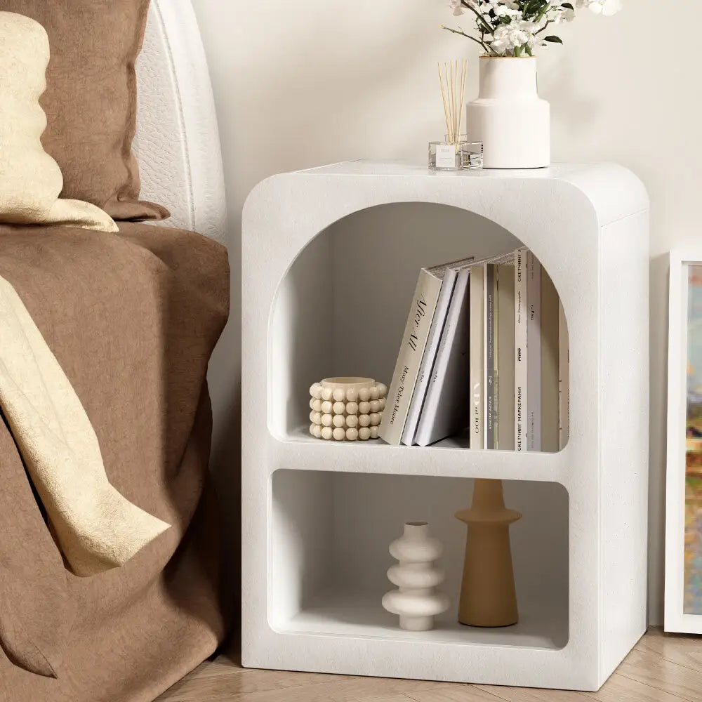 Bedside Table Shelves Side End Storage Nightstand White Arched