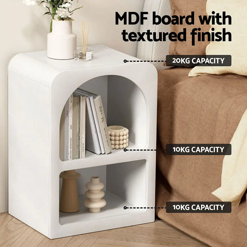 Bedside Table Shelves Side End Storage Nightstand White Arched