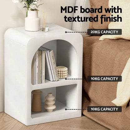 Bedside Table Shelves Side End Storage Nightstand White Arched