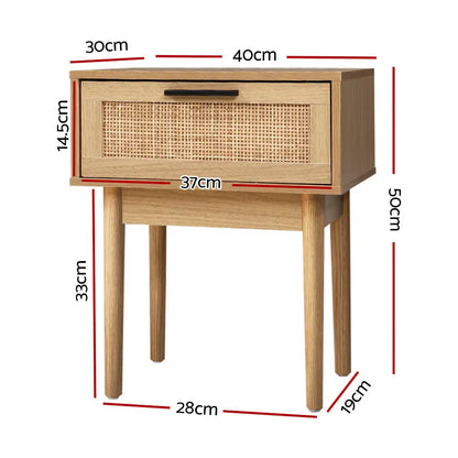 Bedside Tables Table 1 Drawer Storage Cabinet Rattan Wood Nightstand