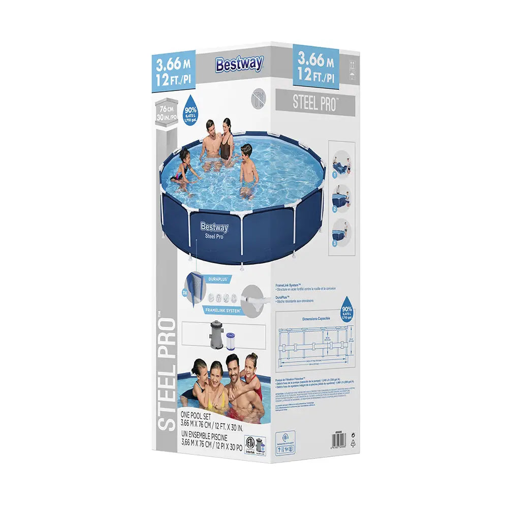 Bestway Swimming Pool 366x76cm Steel Frame Round Above Ground Pools W/ Filter Pump 6473l