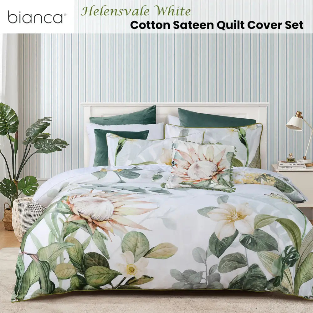 Bianca Helensvale White Floral Cotton Sateen Quilt Cover Set King