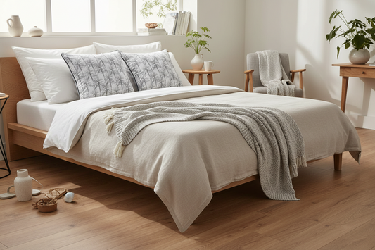 modern bedroom with plants and decor and furniture, cushions and pillows on bed, grey and white natural print european  square cushions