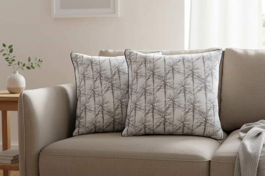 2x grey european natural print cushions on a modern couch