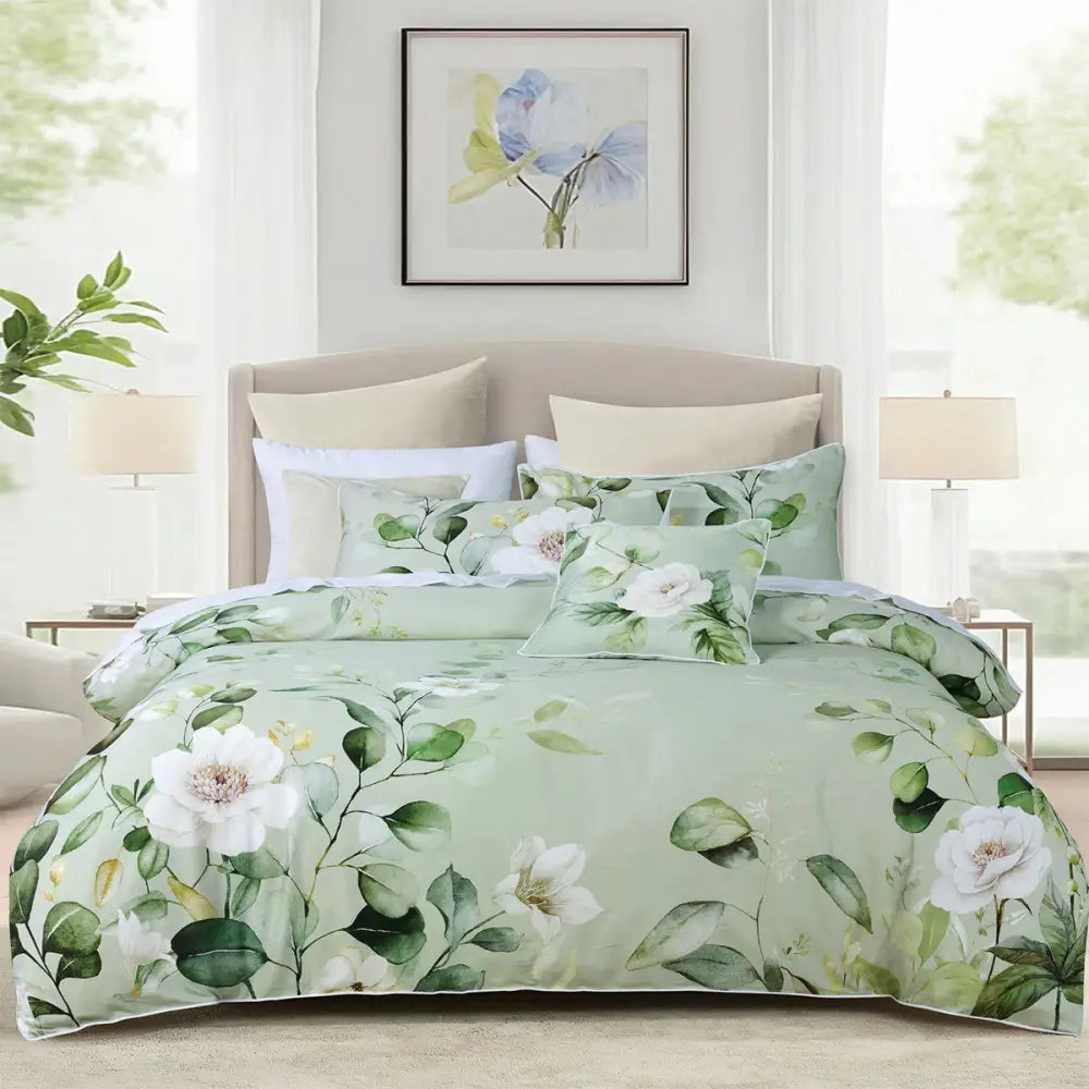 Bianca Salisbury Sage Floral Cotton Sateen Quilt Cover Set Super King