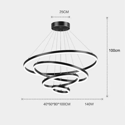 Black 3 Rings Minimalist Led Pendant Light Adjustable Circular Chandelier