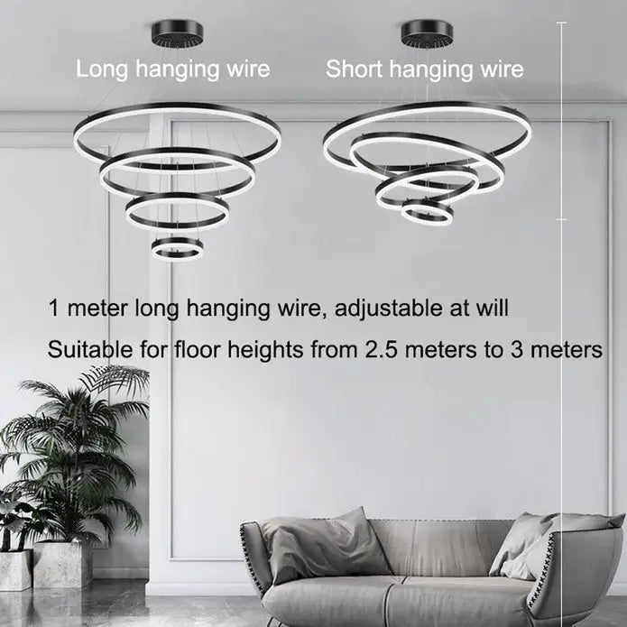 Black 3 Rings Minimalist Led Pendant Light Adjustable Circular Chandelier