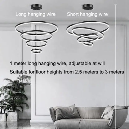 Black 3 Rings Minimalist Led Pendant Light Adjustable Circular Chandelier