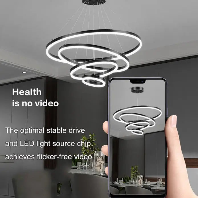 Black 3 Rings Minimalist Led Pendant Light Adjustable Circular Chandelier