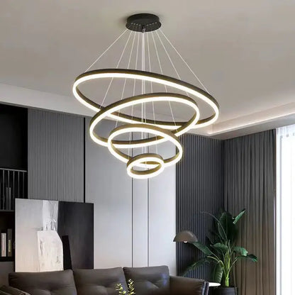 Black 3 Rings Minimalist Led Pendant Light Adjustable Circular Chandelier