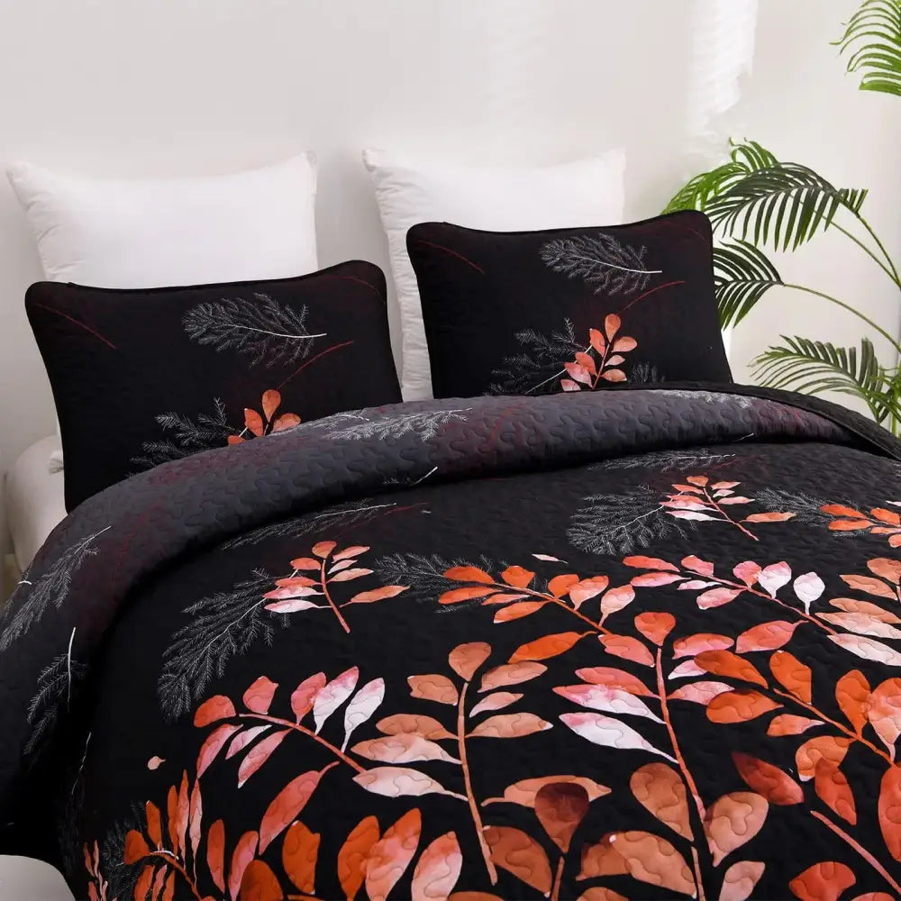 Black and Red Leaves Quilted Bedspread & Pillowcase Set