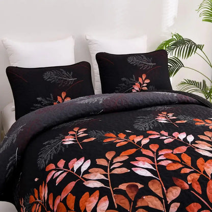 Black and Red Leaves Quilted Bedspread & Pillowcase Set