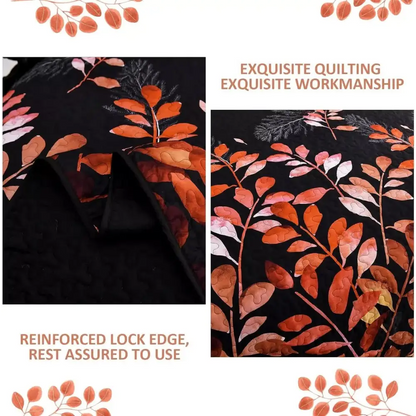 Black and Red Leaves Quilted Bedspread & Pillowcase Set