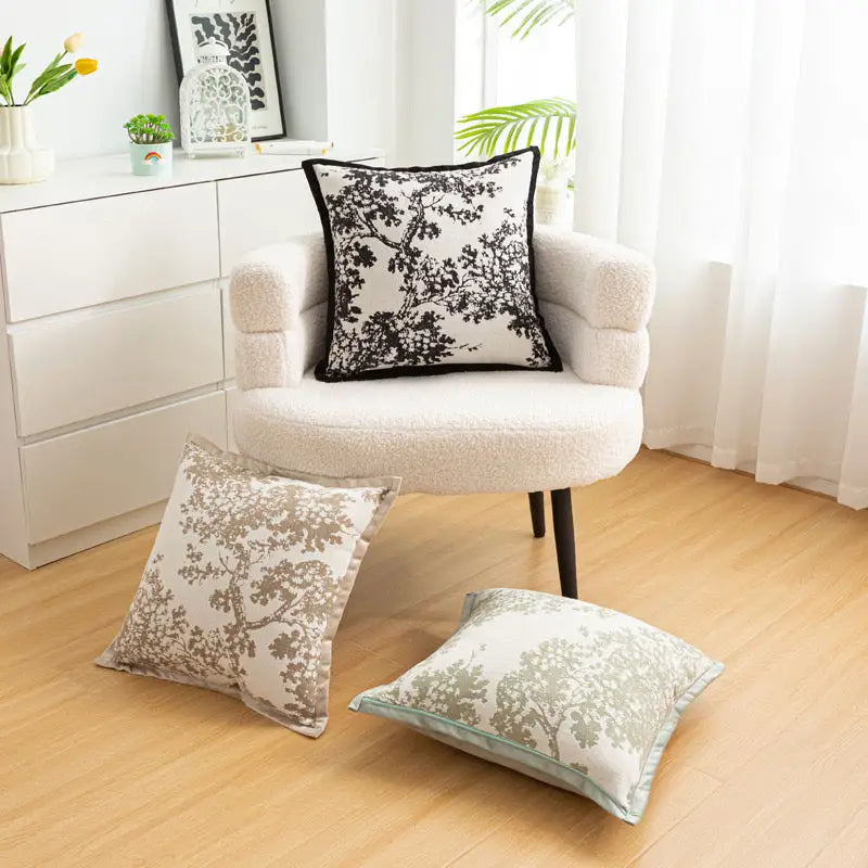 Black Elegant & White Tree Print Cushion Cover - Modern Home Decor
