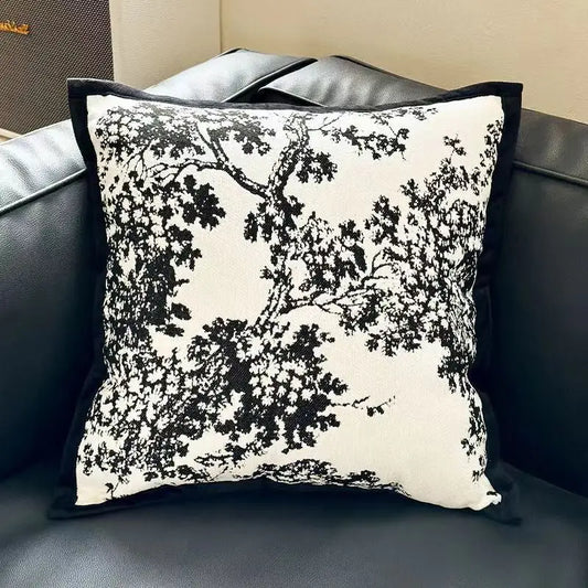 Black Elegant & White Tree Print Cushion Cover - Modern Home Decor