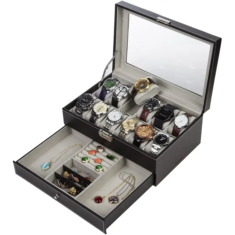 Black Leather Watch Box Jewelry Display Case with Drawers (12 Slots 2 Layers) | Black Leather Watch Jewelry Display