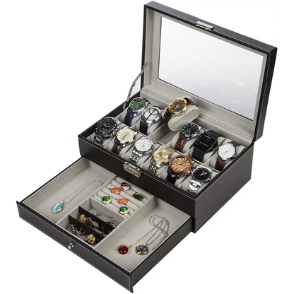 Black Leather Watch Box Jewelry Display Case with Drawers (12 Slots 2 Layers) | Black Leather Watch Jewelry Display
