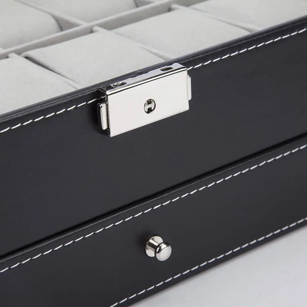Black Leather Watch Box Jewelry Display Case with Drawers (12 Slots 2 Layers) | Black Leather Jewelry Box Silver-toned