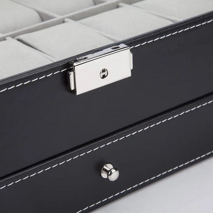 Black Leather Watch Box Jewelry Display Case with Drawers (12 Slots 2 Layers) | Black Leather Jewelry Box Silver-toned