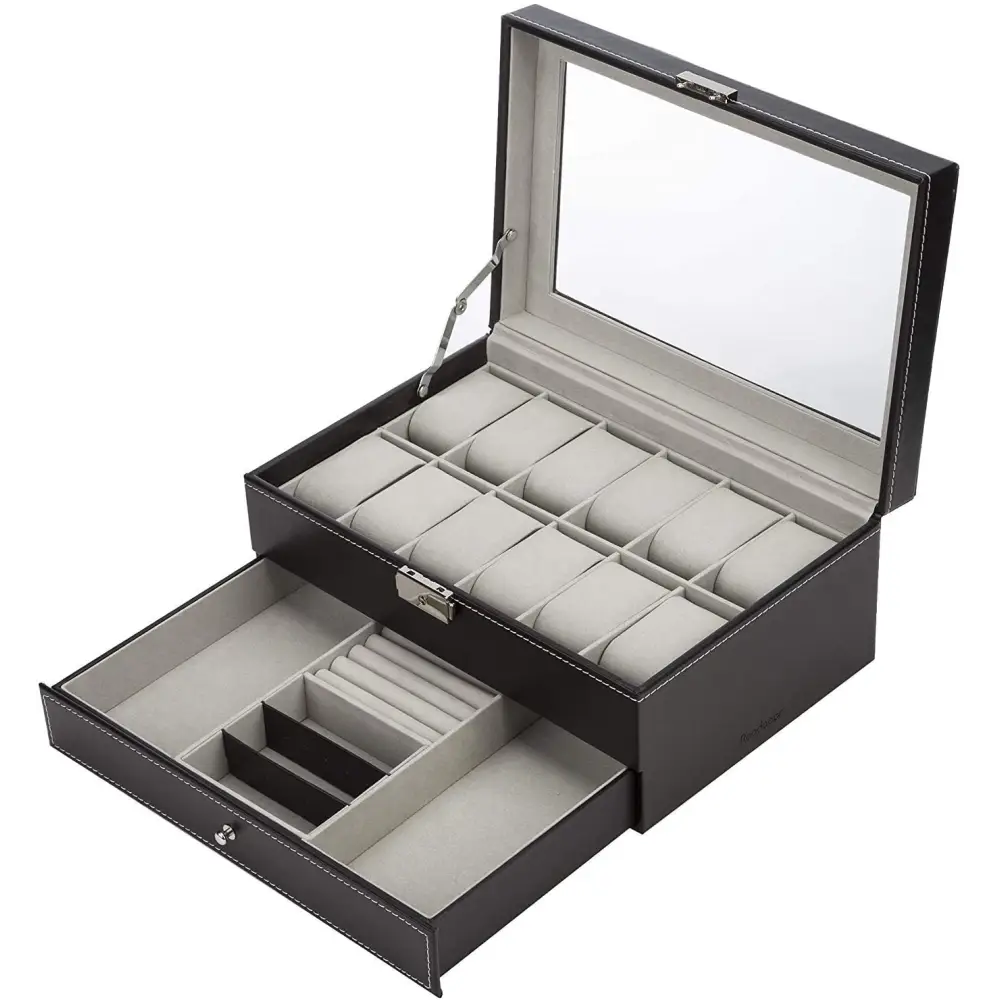 Black Leather Watch Box Jewelry Display Case with Drawers (12 Slots 2 Layers) | Black Leather Watch Storage Box