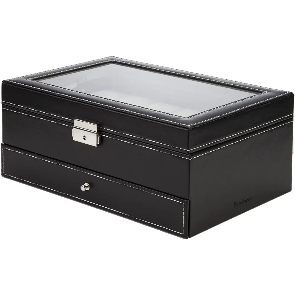 Black Leather Watch Box Jewelry Display Case with Drawers (12 Slots 2 Layers) | Black Leather Watch Display Case